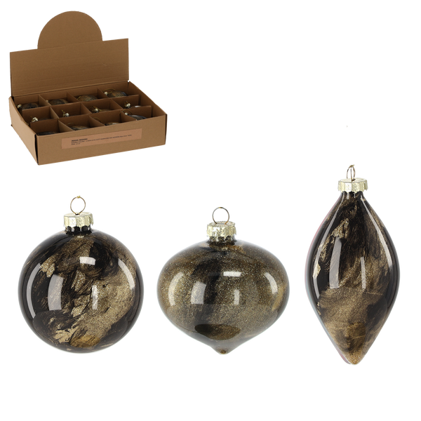 GLASS ORNAMENT - BLACK GOLD MARBLE MIXED PATTERNS
