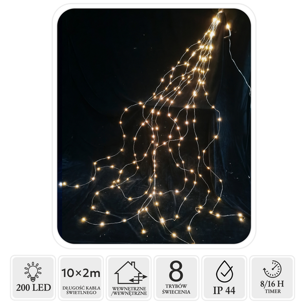 LAMPKI LED DRUCIKI 200L CIEPŁY BIAŁY 10 WIĄZEK x 2 M WEWN/ZEWN *1780