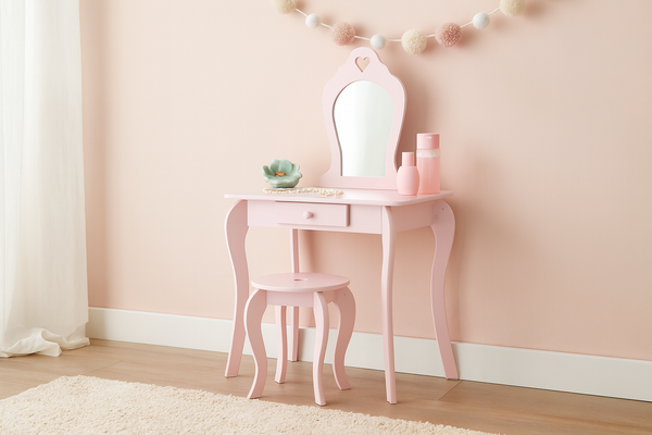 MAŁA TOALETKA KOSMETYCZNA RÓŻOWA  Z LUSTREM + TABORET *0403