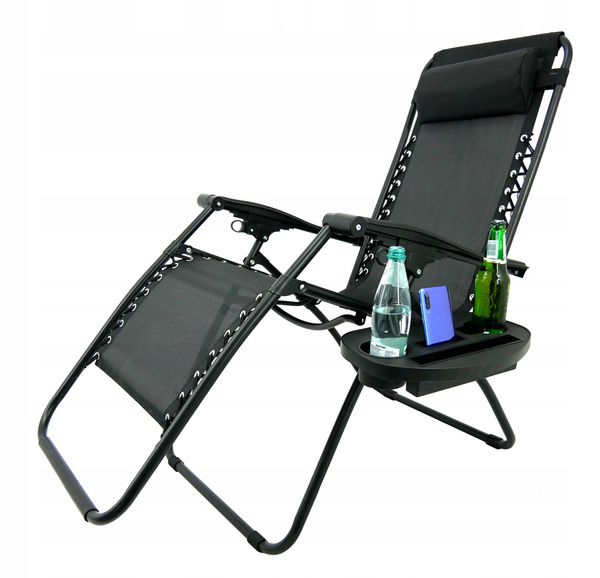 FOLDING GARDEN LOUNGER WITH STAND, POCKET, BLACK WITH GRAY CUSHION