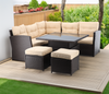 SET OF GARDEN FURNITURE (CORNER SOFA, 2 STOOLS, TABLE) - BROWN, CUSHIONS - BRIGHT