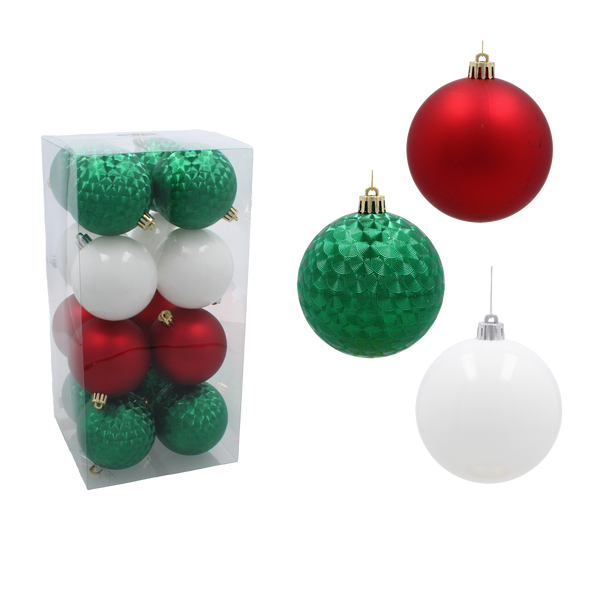 SET OF 16 BAUBLES 8 CM RED/GREEN/WHITE