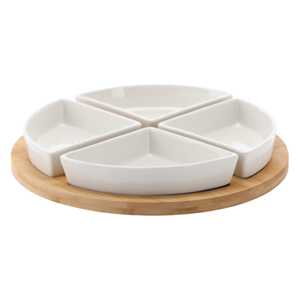 SADA NA SERVÍROVÁNÍ PŘEDKRMY - 4 PORCELÁNOVÉ MÍSY S KULATÝM BAMBUSOVÝM TALÍŘEM 30x4CM *7286