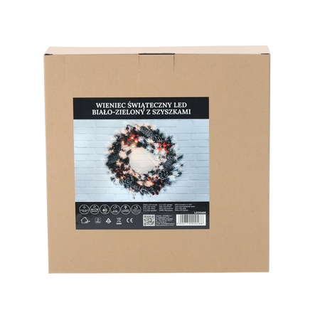 VÁNOČNÍ VĚNEC 40 LED BÍLO-ZELENÝ S ŠIŠKAMI NA BATERIE *0486