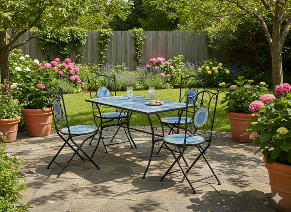 ZESTAW MEBLI OGRODOWYCH METALOWYCH MOZAIKA "OKEANOS" STÓŁ + 4 KRZESŁA