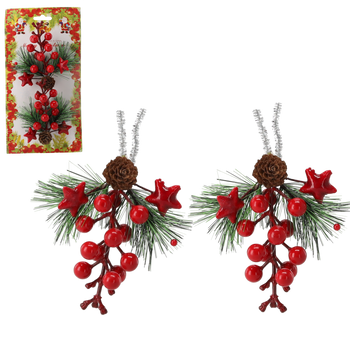 SET OF 2 DECORATIVE BRANCHES 11 X 12.3 CM WITH MOUNTAIN ASH, CONES, AND STARS