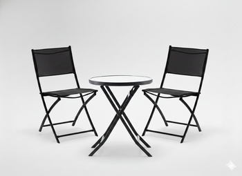 BALCONY FURNITURE SET - ROUND TABLE + 2 FOLDING CHAIRS - BLACK
