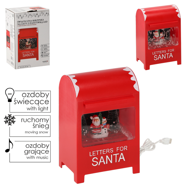CHRISTMAS LETTER BOX 15 X 12 X 23 CM WITH LED MUSIC BOX - RED - WITH SNOWMAN AND CHRISTMAS TREES