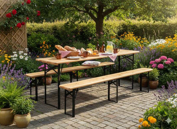 ZESTAW BIESIADNY - STÓŁ 220 x 50 x 77 cm + 2 ŁAWKI 220 x 25 x 47 cm - SKŁADANY