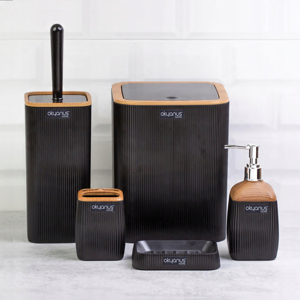 5-PIECE BATHROOM SET SQUARE BLACK / WOOD