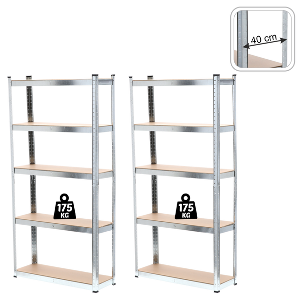 ZESTAW DWÓCH REGAŁÓW 5-POZIOMOWYCH 180 x 90 x 40 CM UDŹWIG PÓŁKI: 175 KG *2158