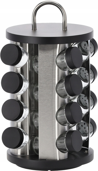 PRZYPRAWNIK OKRĄGŁY 17,5 x 33 CM Z RĄCZKĄ 16 SŁOICZKÓW CZARNO-SREBRNY *9158