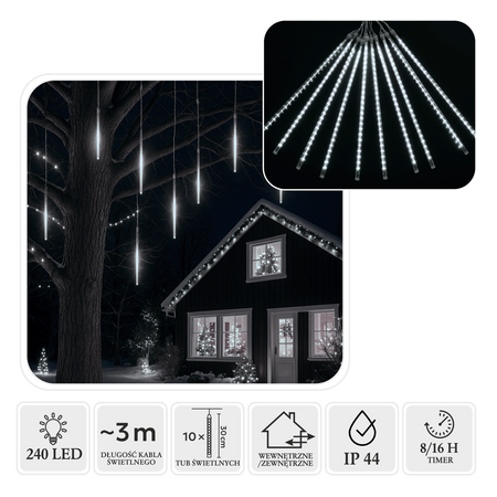 KURTYNA METEORY LED 10 SZT 30 CM ZIMNY BIAŁY, DŁ. 3 + 2,7 M WEWN/ZEWN *1773