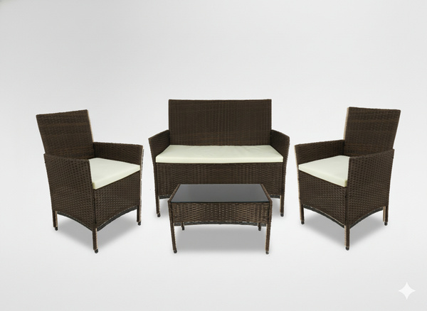 ZESTAW MEBLI RATTANOWYCH (SOFA, 2 FOTELE, ŁAWA) BRĄZ + KREM. POD.