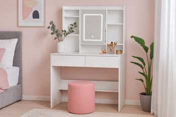 WHITE DRESSING TABLE WITH LED MIRROR AND 2 DRAWERS AND JEWELRY HOOKS