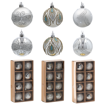 SET OF 8 CHRISTMAS BAUBLES SILVER 6 CM