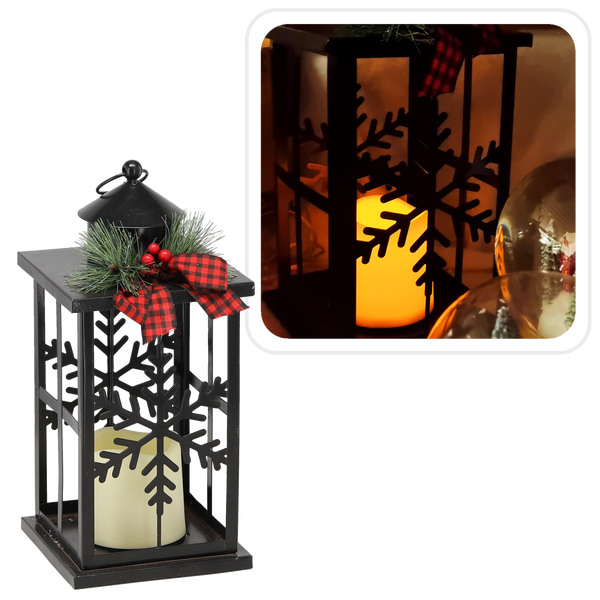 VÁNOČNÝ LAMPION 14 x 14 x 31,5 CM LED METALOVÝ ČIERNY - SNEHOVÉ KULIČKY *0856
