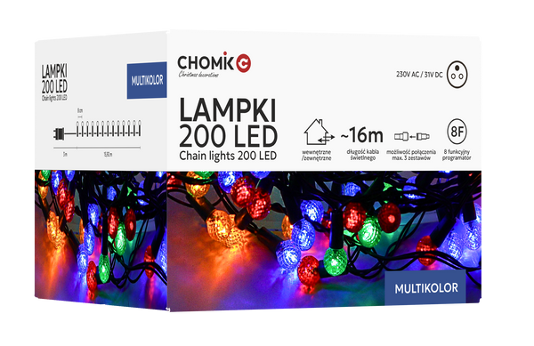 LED LAMPY ČEREŠŇOVÉ POUKAZY 200L MULTIKOLOR, DĹŽKA 3 + 16 M *9980