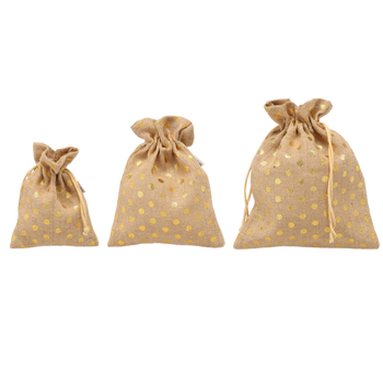 SADA 3 JUTOVÝCH TAŠIEK 30x25 / 25x20 / 20x15 CM ZLATÉ BODY bal=5ks *3840