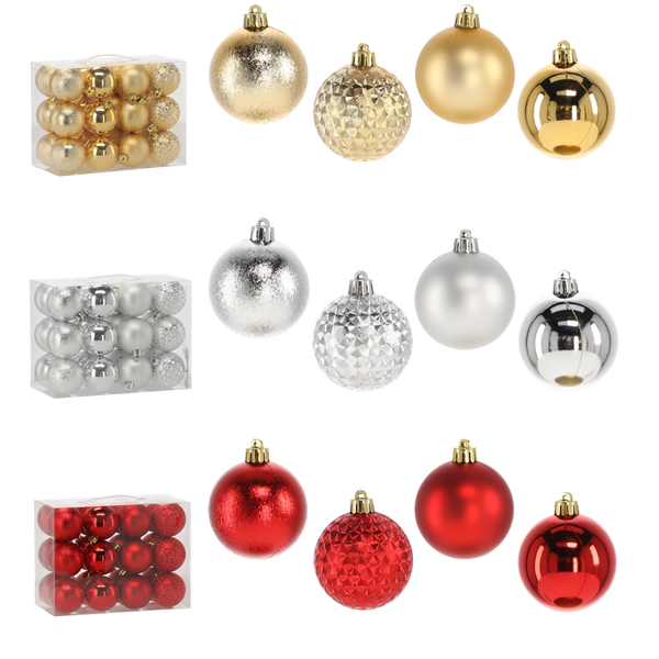 SET OF 24 BAUBLES 6 CM RED/GOLD/SILVER