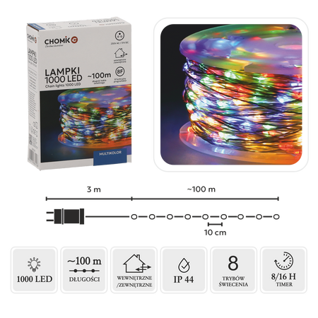 LAMPKI LED DRUCIKI NA SZPULI 1000L MULTIKOLOR, DŁ. 3 + 100 M *0108