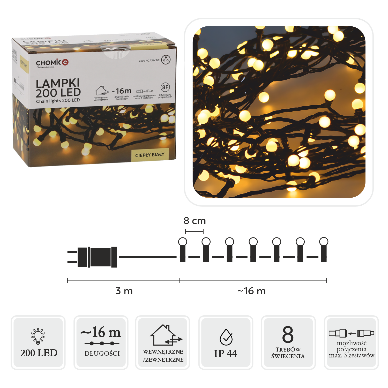 LAMPKI LED KULKI 200L CIEPŁY BIAŁY, DŁ. 3 + 16 M *0146