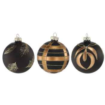 GLASS ORNAMENT - MATTE BLACK DECORATED MIXED PATTERNS 8 CM