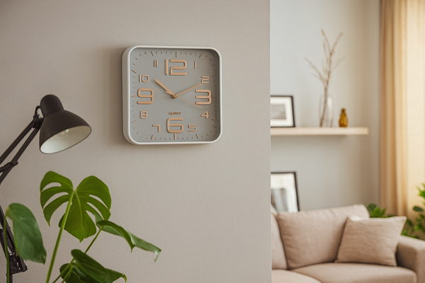 ZEGAR WISZĄCY KWADRATOWY 30,2 x 30,2 x 4,3 CM BEŻOWY/NIEBIESKI ZE ZŁOTYMI CYFRAMI *5562