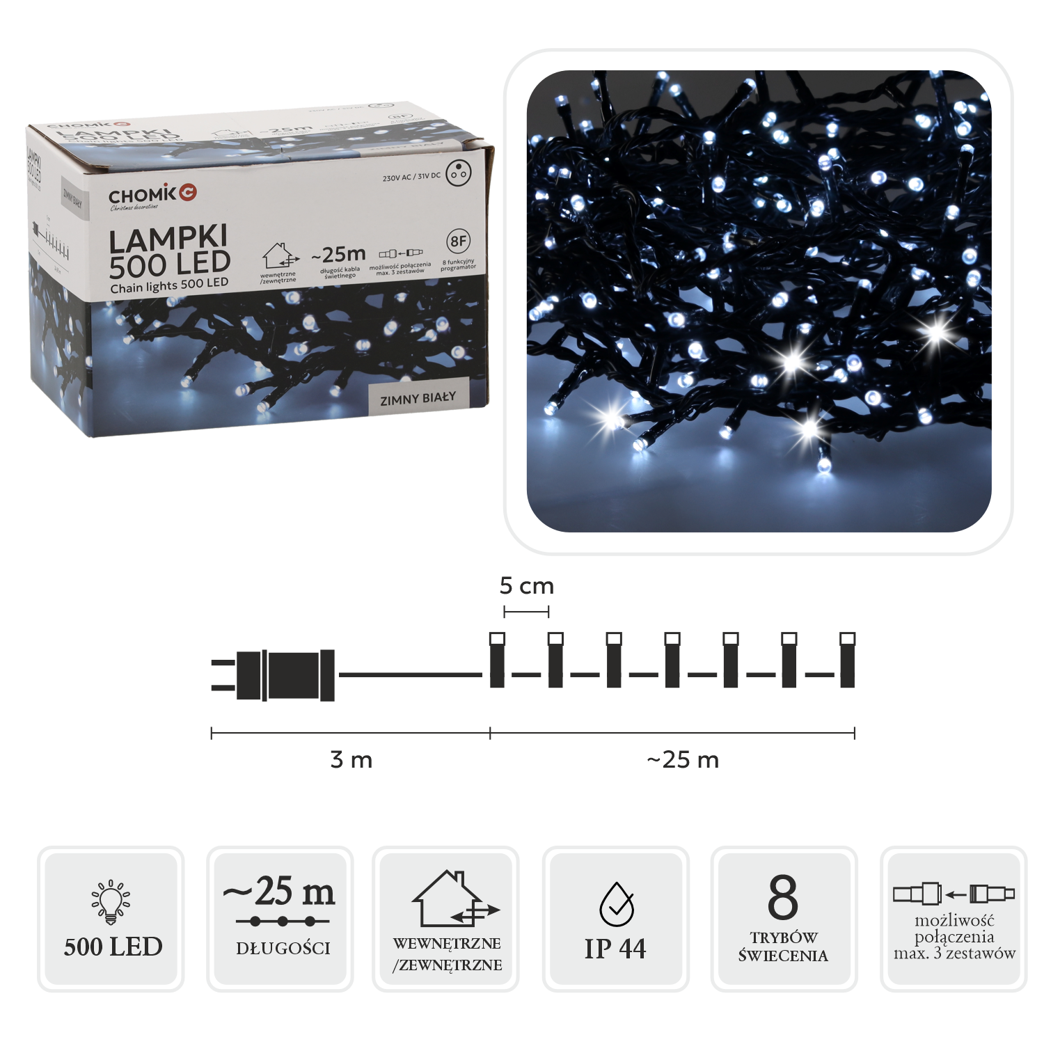 LAMPKI LED 500L ZIMNY BIAŁY, DŁ. 3 + 25 M WEWN/ZEWN *9577