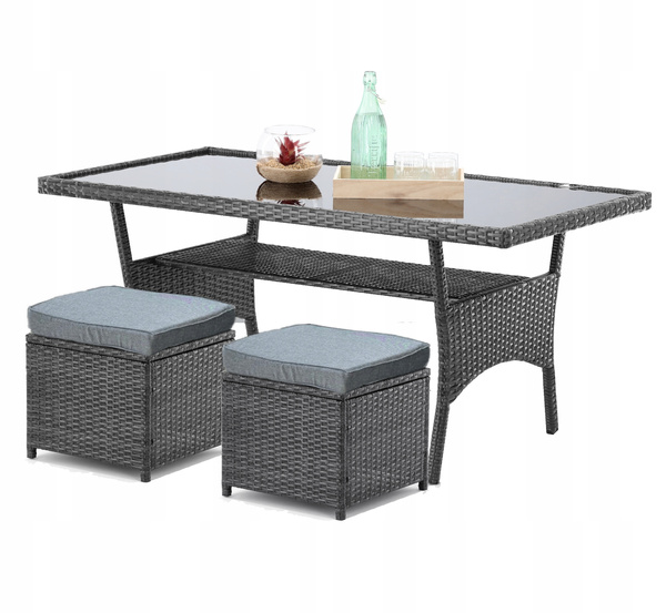 SET DE MOBILIER PENTRU GRĂDINĂ (CANAPEA PE COLȚ, 2 PUFURI, MESA) - GRI, PERNE - GRI *3453