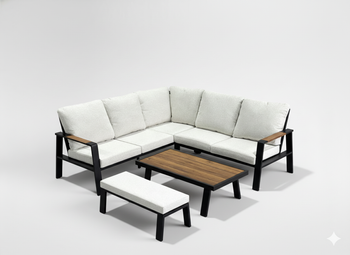 ZESTAW MEBLI ALUMINIOWYCH "PRISZTINA" (SOFA NAROŻNA + ŁAWKA + STOLIK) CZARNY + BEŻOWE PODUSZKI