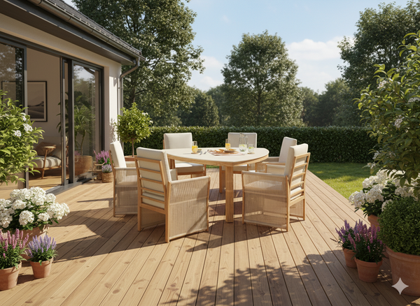 ZESTAW MEBLI OGRODOWYCH ALUMINIOWYCH (STÓŁ + 6 FOTELI) BEŻOWY + BEŻOWE PODUSZKI