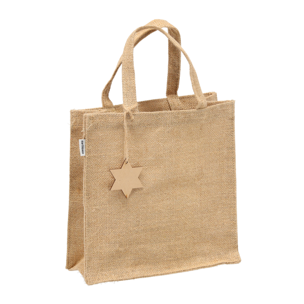 TORBA Z JUTY ZE ZŁOTĄ NITKĄ I ZAWIESZKĄ 25 x 25 x 10 CM - NATURAL opak=10szt *6851