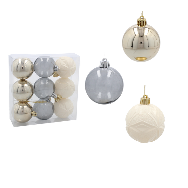 SET OF 9 BAUBLES 6 CM CHAMPAGNE/GRAY/WHITE