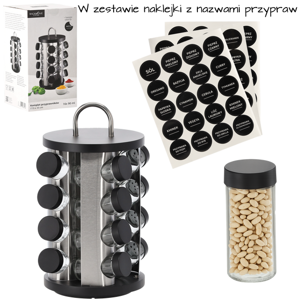 PRZYPRAWNIK OKRĄGŁY 17,5 x 33 CM Z RĄCZKĄ 16 SŁOICZKÓW CZARNO-SREBRNY *9158