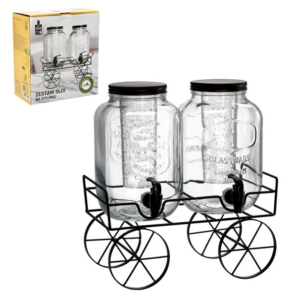 SET DE 2 BORCANE DE 4 L CU CAPAC DIN METAL, ROBINET ȘI RECIPIENT PENTRU FRUCTE/GLI, PE STAND *0499