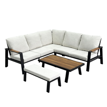 ZESTAW MEBLI ALUMINIOWYCH "PRISZTINA" (SOFA NAROŻNA + ŁAWKA + STOLIK) CZARNY + BEŻOWE PODUSZKI *8215