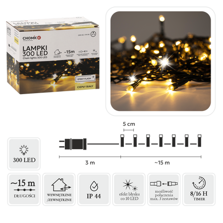 LED SVETLÁ 300L TEPLÁ BIELA + STUDENÝ FLASH, DĹ. 3 + 15 M VNÚTR/OVN.