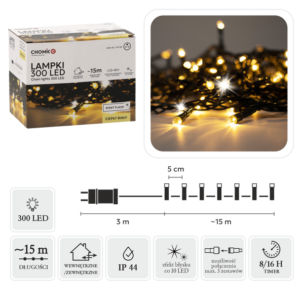 LAMPI LED 300L ALB CALD + FLICKER RECE, LUNGIME 3 + 15 M INTERIOR/EXTERIOR *9539