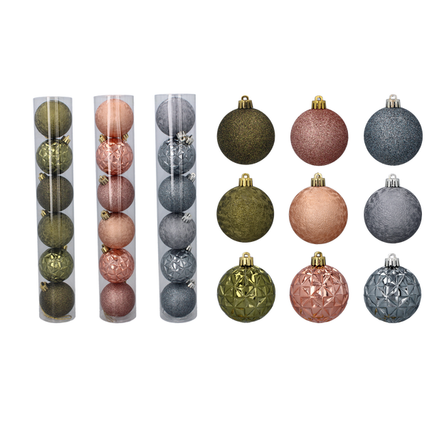 SET OF 6 BAUBLES 6 CM OLIVE/COPPER/GRAPHITE MIX DESIGNS