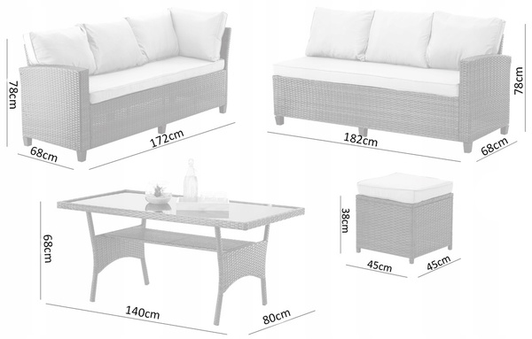 GARDEN FURNITURE SET (CORNER SOFA, 2 POUFFES, TABLE) - grey, cushions - grey *3453