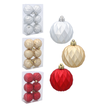 SET OF 6 GEOMETRIC BAUBLES 6 CM RED/GOLD/SILVER