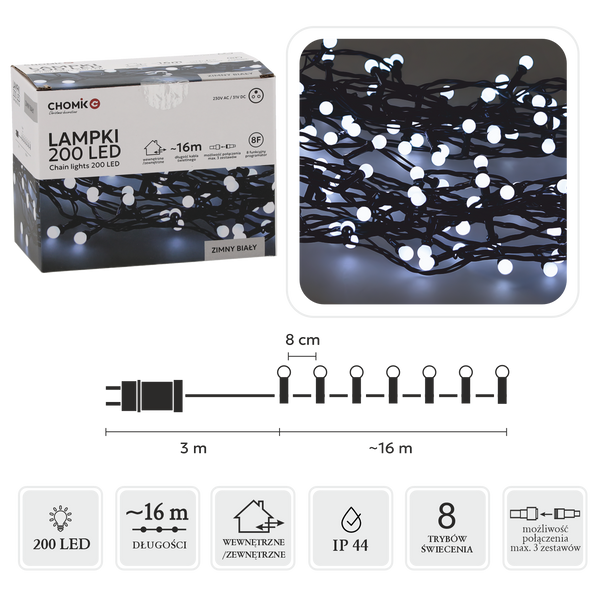 LED CHRISTMAS TREE LIGHTS BALLS 200L COLD WHITE