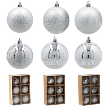 SET OF 6 CHRISTMAS BAUBLES SILVER 8 CM