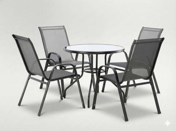 GARDEN FURNITURE SET - 4 CHAIRS + ROUND TABLE - GREY *3514
