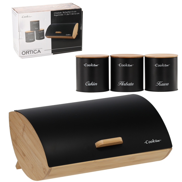 CHLEBAK ORTICA - BAMBUSOWY Z POKRYWĄ METALOWĄ 36,5x25x13 CM CZARNY MAT + 3 POJEMNIKI 11,5x11,5x12 CM