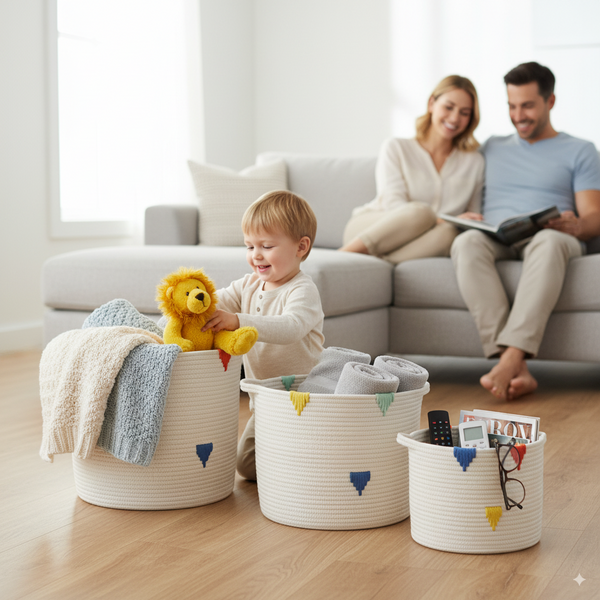 ZESTAW 3 OKRĄGŁYCH KOSZY NA PRANIE/ZABAWKI BIAŁY Z KOLOROWYM WZOREM