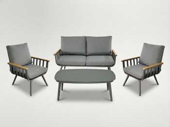 SADA HLINÍKOVÝCH NÁBYTKŮ ( SOFA + 2 KRESLA + STÔL ) ŠEDÁ + ŠEDÉ VANKÚŠE *8151