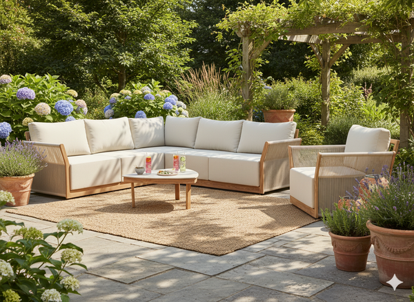 ZESTAW MEBLI OGRODOWYCH ALUMINIOWYCH (SOFA NAROŻNA + STÓŁ + FOTEL) BEŻOWY + BEŻOWE PODUSZKI