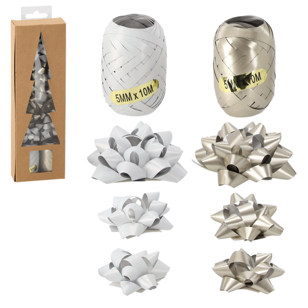 SET DE ÎMPACHETARE CADOURI DE CRĂCIUN - ARGINTIU / ALB (2 RIBBONURI + 7 FUNDIȚE) *7595